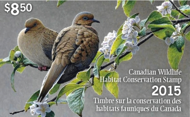 ￼© Her Majesty the Queen in Right of Canada, as represented by the Minister of Environment, 2015 The 2015 Canadian Wildlife Habitat Conservation Stamp, featuring the image of the painting “Blossoming – Mourning Doves” by wildlife artist W. Allan Hancock.