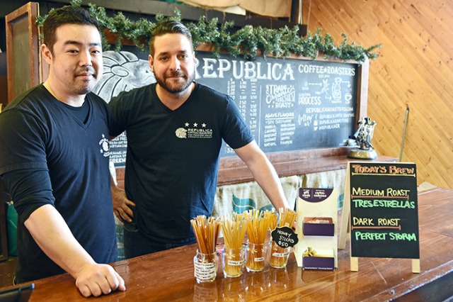 Hiro Tsujimoto (left) and Ricardo Masana at Republica Coffee in Gasoline Alley, Fort Langley. — Photo by: Miranda Gathercole/Langley Times 